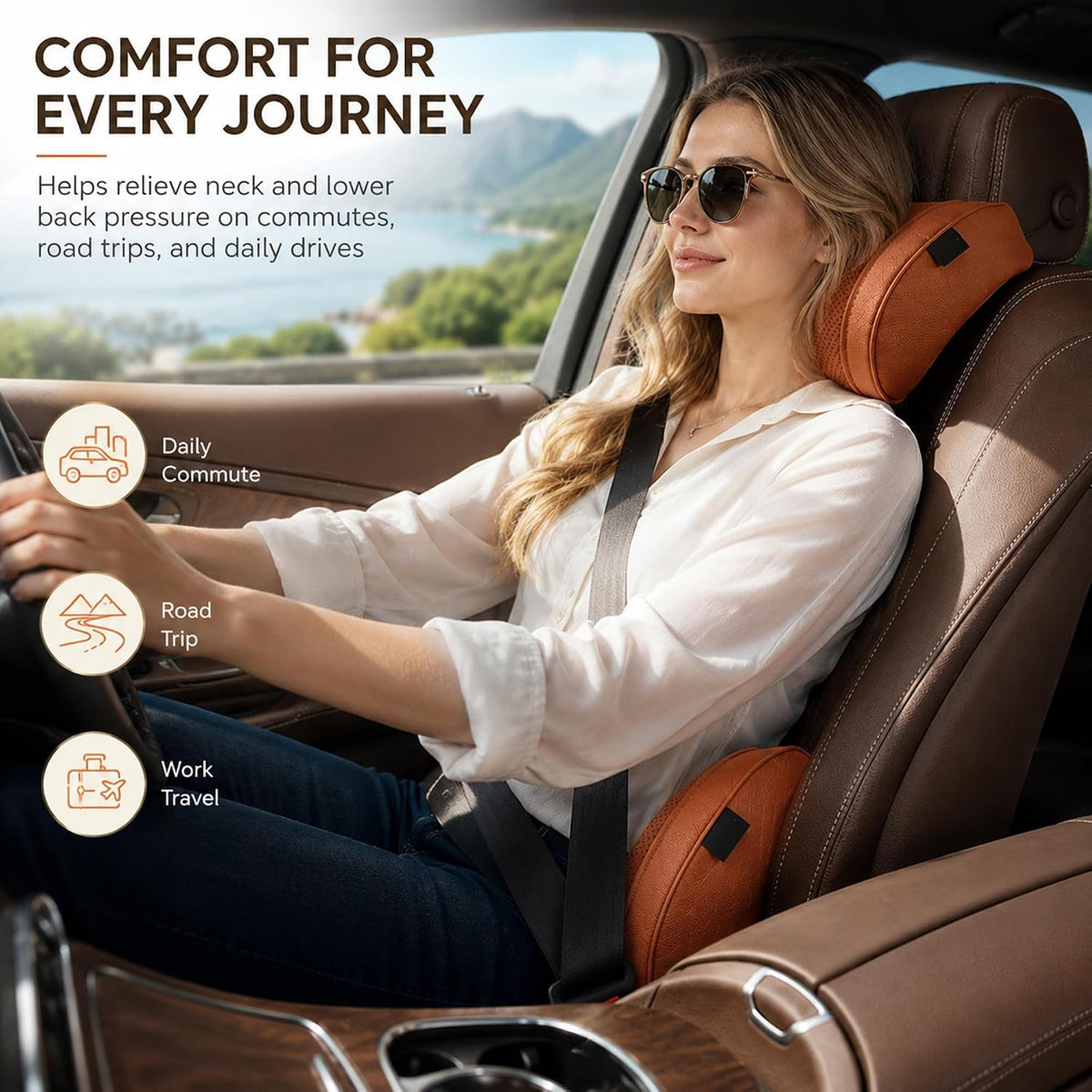 Ergonomic Headrest and Lumbar Support Set for CarSeats, Leather Car HeadrestPillows, Luxurious MemoryFoam Car NeckPillow (Orange, Headrest Cushion)
