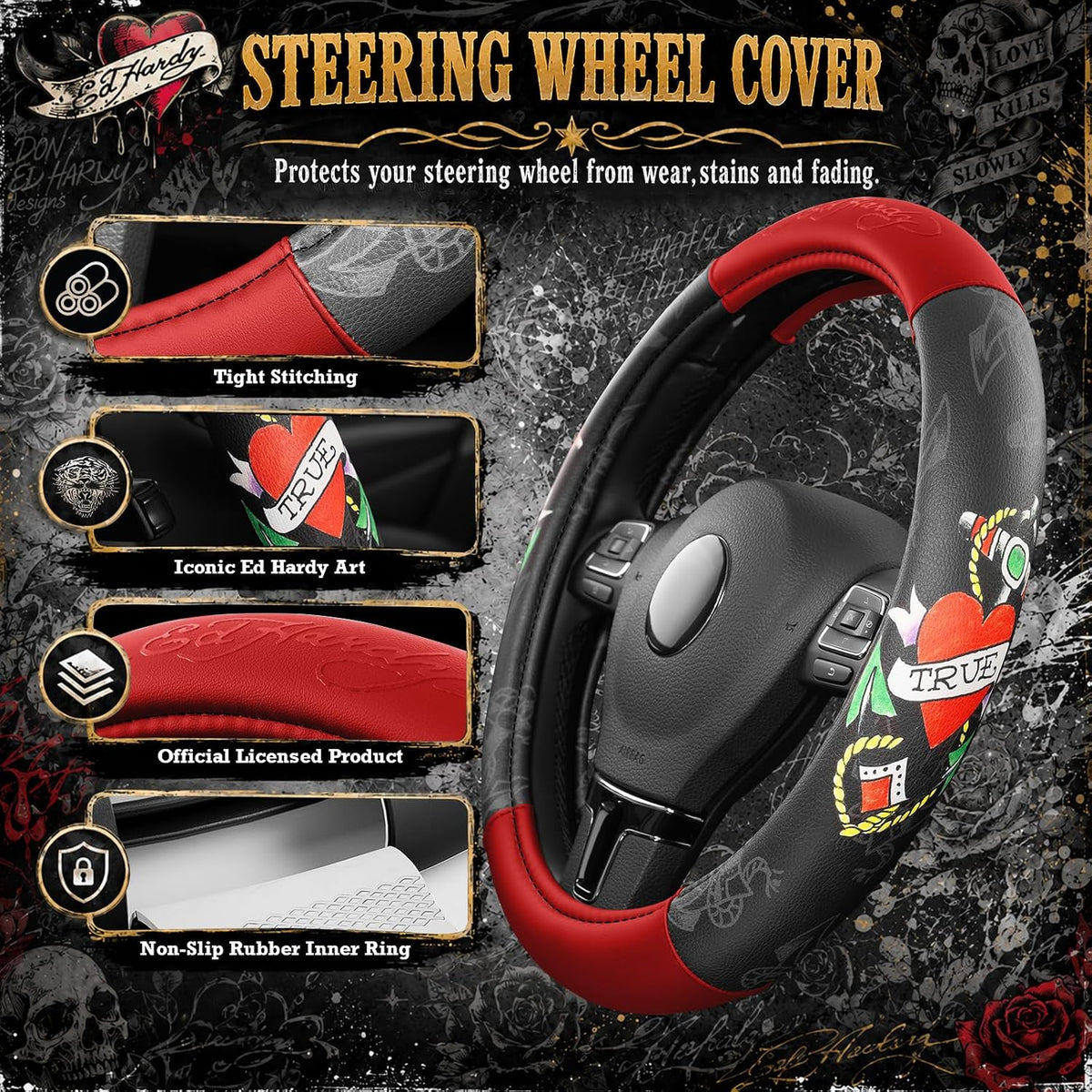 ED HARDY Heart Print Steering Wheel Cover, Red Leather Universal Car Streeing Cover, Fits 14.5-15.5 Inch Steering Wheels, Anti-Slip Comfortable Grip, Durable Auto Interior for Cars, SUVs, Trucks