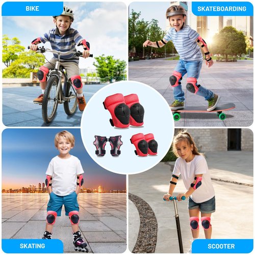 GEQID Kids Knee Pads Elbow Pads Wrist Guards Set ,Protective Gear for 4-6-12 boys girls roller skating scooter skateboarding bike (Red, Free Size (4-12 years or 40-80lbs))