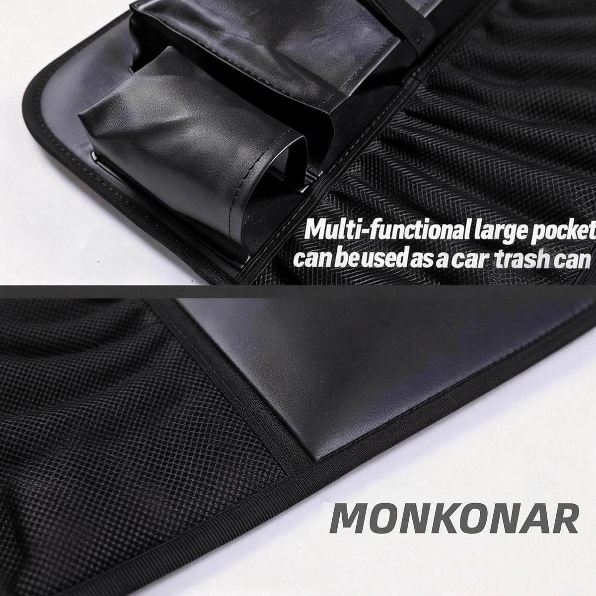 Leather Car Backseat Organizer with Tablet Holder - 9 Large Storage Pockets, Foldable Food Tray & Anti-Scratch Kick Mats - Universal Car Seat Protector for Kids, Pets & Travel Accessories 1 Pack