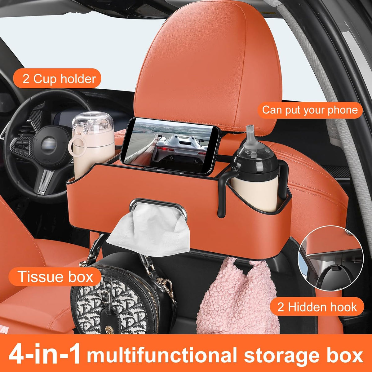 Car Seat Back Cup Holder, 4-in-1 Multifunctional Backseat Organizer with Tissue Box Storage & Hooks (Orange)