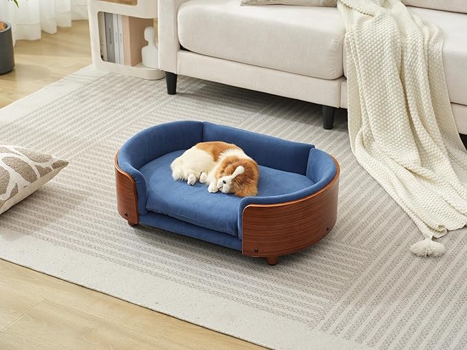 Scandinavian Style Elevated Dog Bed, Pet Sofa with Solid Wood Frame & Walnut Bent Wood Back, Orthopedic Support, Removable Washable Velvet Cover, Small Size, Dark Blue
