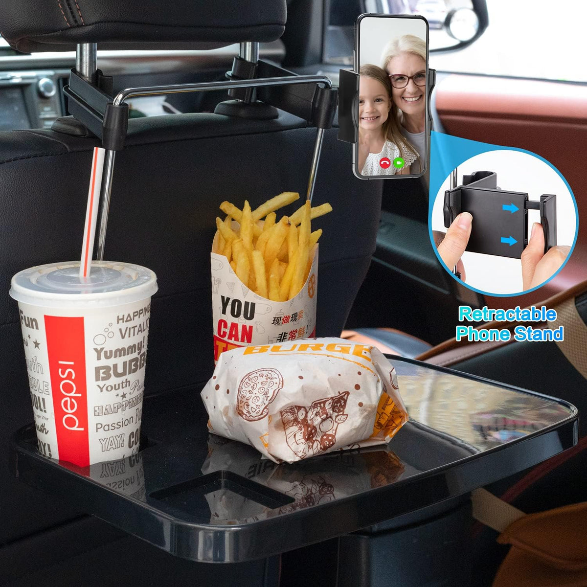 Foldable Car Seat Back Portable Tray with Phone Mount for Food Dining Drink and Laptop, Hanging Car Steering Wheel Tray(Upgrade)