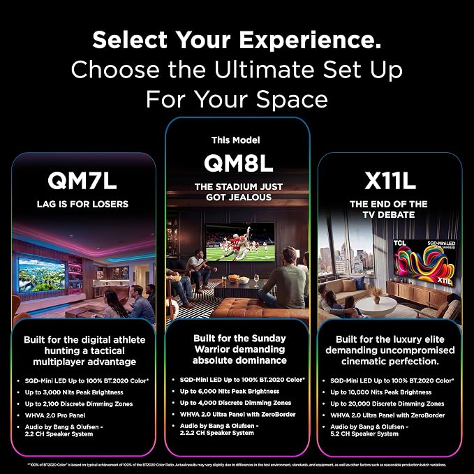 TCL 65 Inch Class QM8L Series | SQD-Mini-LED QLED Smart TV | 65QM8L, 2026 Model | 144Hz | Ultimate Color Brightness & Contrast | Google AI Bang & Olufsen | Voice Control Gaming Streaming Television