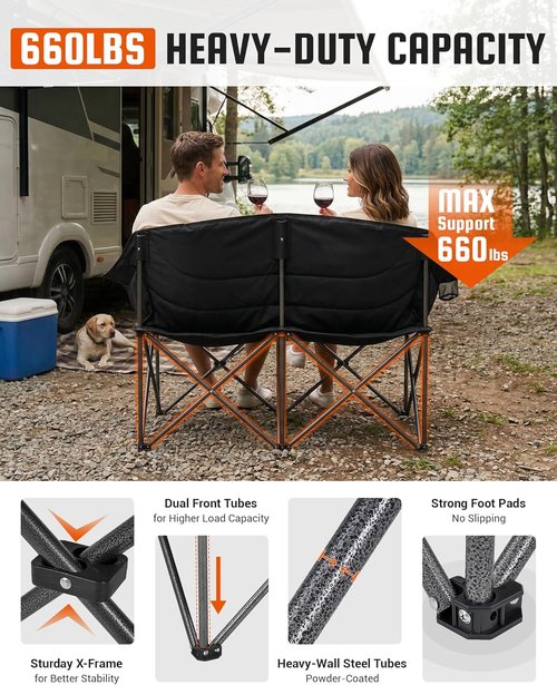 KingCamp Double Camping Chair - Oversized Heavy Duty 660lbs Loveseat for 2 | Portable Folding Couch with Cup Holder - Black