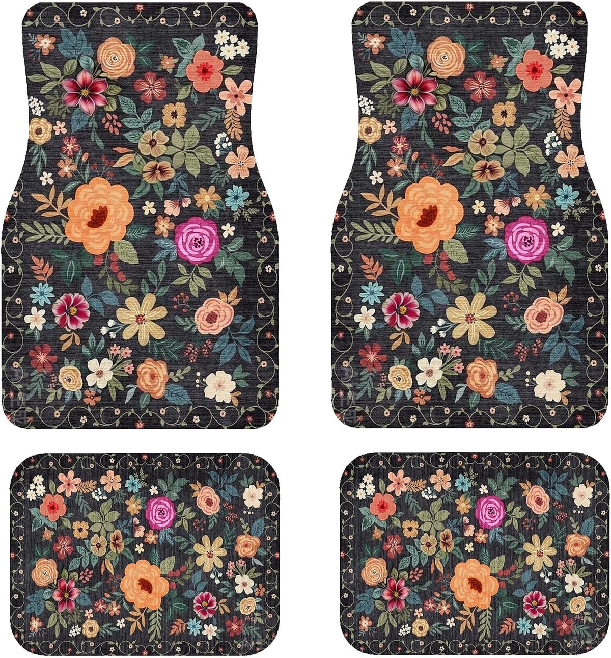 Premium Linen Boho Car Floor Mats Full Set, Vintage Floral Design | Waterproof & non-slip all-weather mats, universal fit for SUV Sedan, luxury car interior accessories for men and women