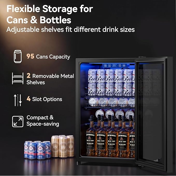 Tehanld 2.5 Cu.Ft Beverage Fridge, Glass Door Mini Fridge, Black, 96 Can | Adjustable Shelves for Wine & Beer, Digital Temp, Holds Up to 96 Cans, Freestanding for Home & Office