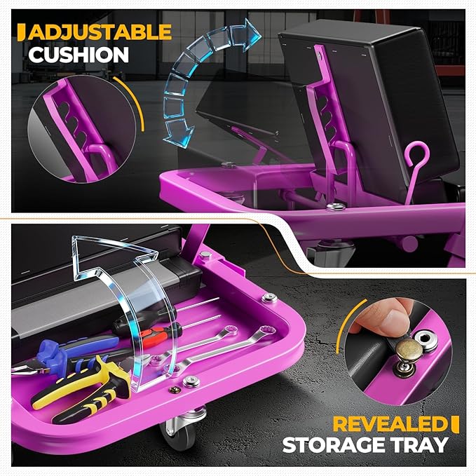 Auto Dynasty 48" Z-Creeper Seat, 2-in-1 Foldable Garage Creeper Shop Seat, 330 LBS Capacity Automotive Mechanic Repair Under Car Rolling Creeper Seat, Purple