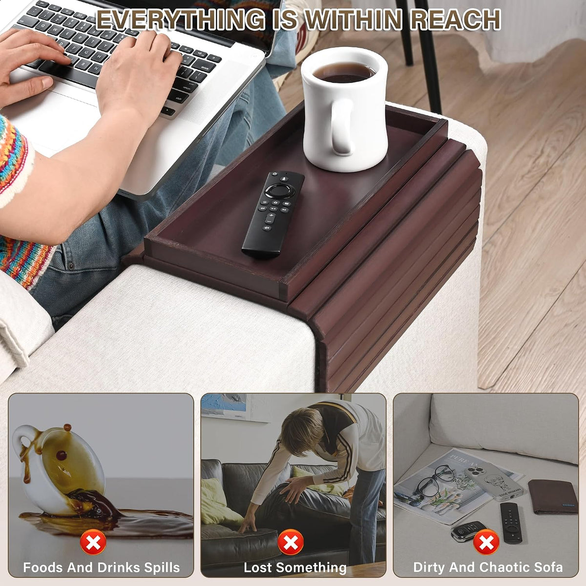 Bamboo Sofa Arm Tray, Anti-Dropping Couch Arm Tray, Foldable Sofa Armrest Tray Couch Arm Table for Eats, Drinks, Snacks, Remote, Cellphone, Cup Holder, Back Anti-Slip Pad Design