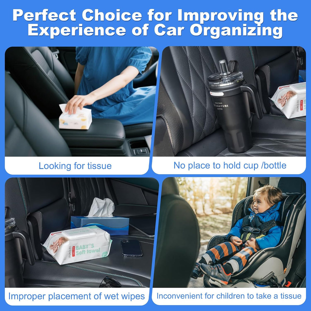 Upgraded Car Tissue Holder,Car Seat Back Organizer With Cup Holder,Premium PU Leather Headrest Seat Back Storage Fits For Kleenex Tissue Box (50-230ct)