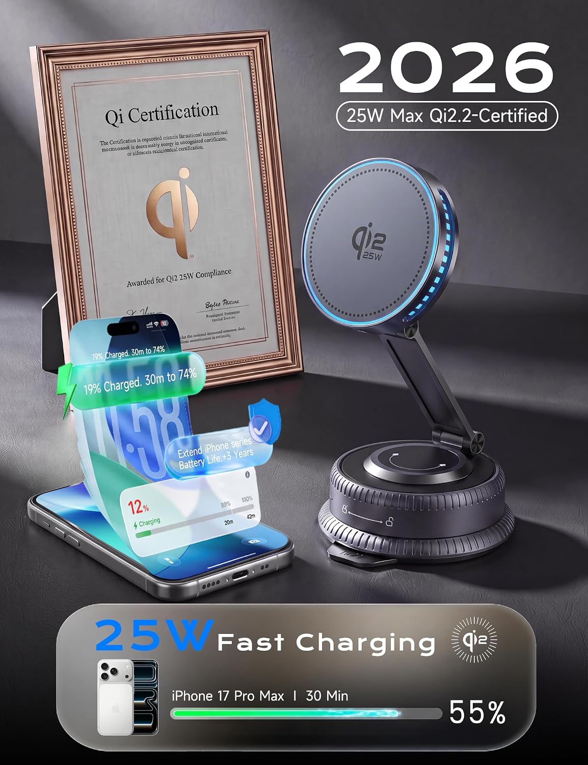 Qi2.2 25W MagSafe Car Mount Charger, Cooling Fan+75W Fast Adapter