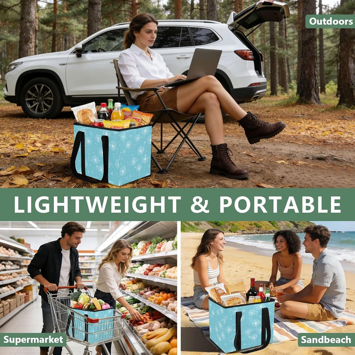 Trunk Organizer Collapsible Car Organizer with Handle Car Storage Box Bin for Groceries SUV Utility Tote Bag Portable Vehicle Container Bright Blue Dandelion Heart