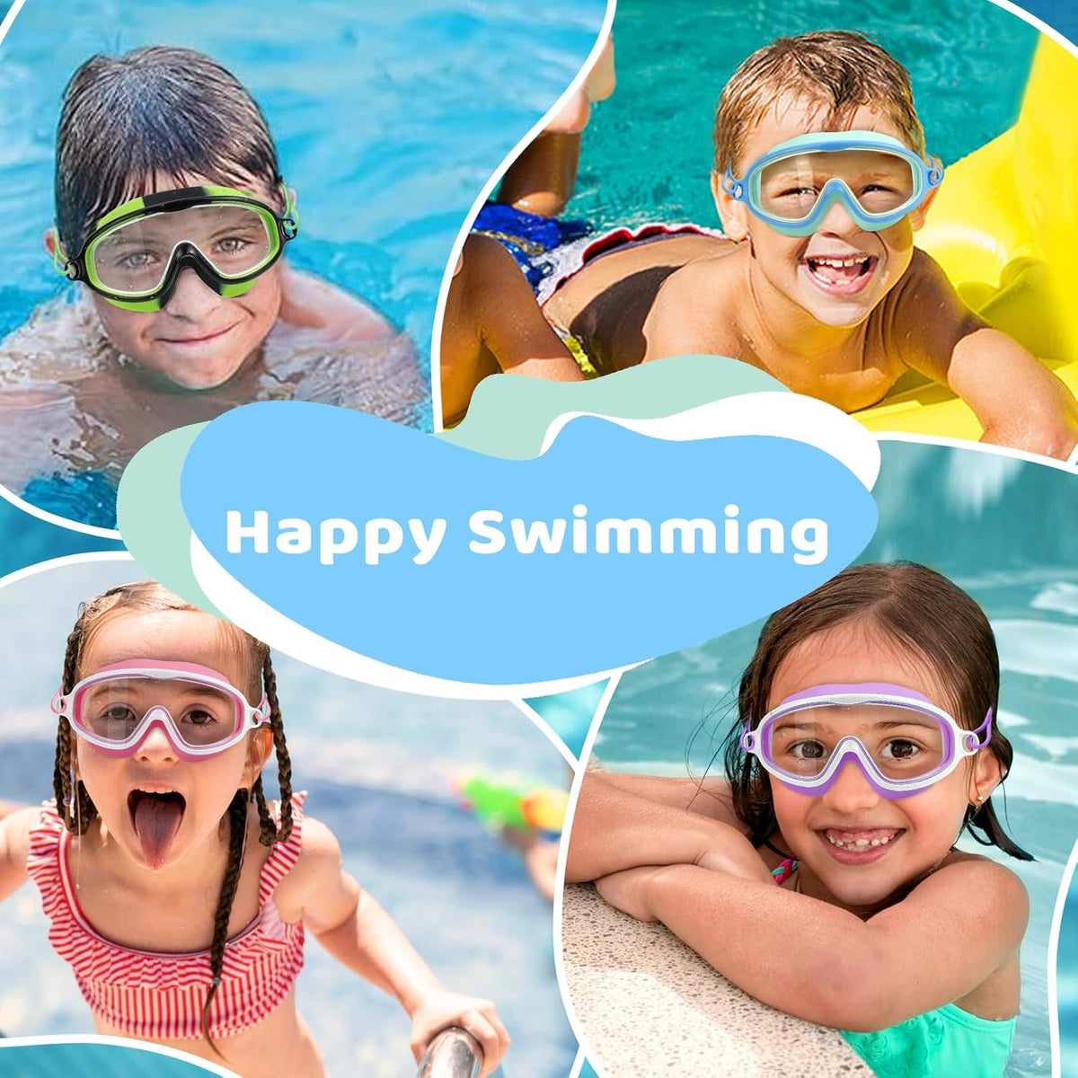 Vvinca Kids Swim Goggles - Wide View Anti-Fog UV Protection | Bungee Strap for Ages 3-14