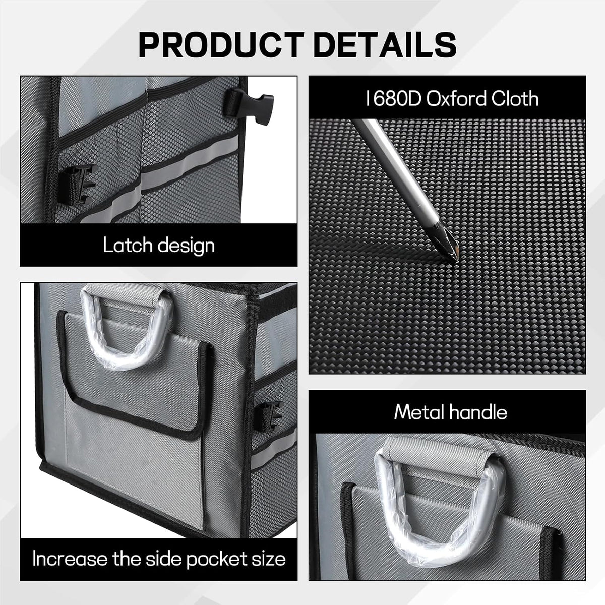 Car Trunk Organizer with Lid, 28L 2-Compartment Collapsible Trunk Cargo Storage Box, Waterproof Oxford Vehicle Backseat Storage Organizer with Base Plate & Metal Handle, Car Accessories (Gray)