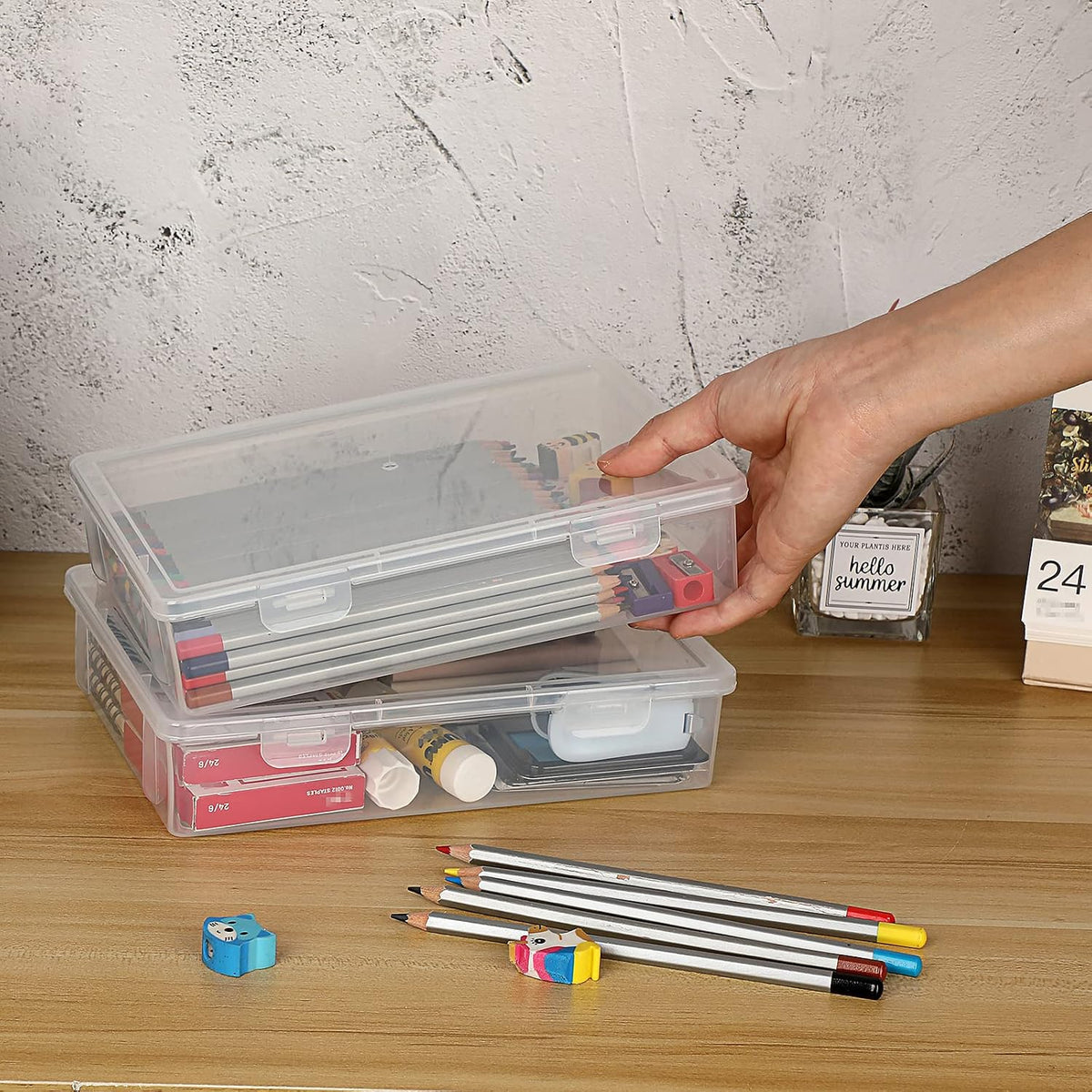 BTSKY Clear Plastic Storage Box with Flap Lid, Multipurpose Craft Organizers and Storage Box Art Supply Storage Organizer Plastic Sewing Box for Beads Pencils Notebooks, 2 Pack Small