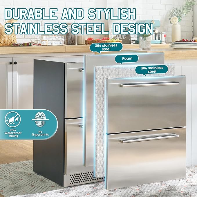 Albott 24 Inch Under Counter Drawer Fridge, Dual-Zone Beverage Refrigerator | Stainless Steel Design, LED Touch Control, Adjustable Storage, Frost-Free, Low Noise, 34℉-68℉, -0.4℉ to 32℉