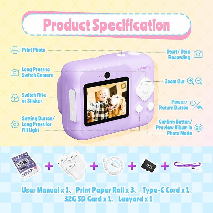 Instant Print Camera for Kids, Christmas Birthday Gifts for Girls Boys Age 3-12