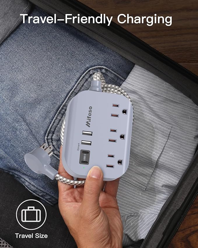 Cruise Ship Essentials - 5Ft Flat Extension Cord with Multiple Outlets, Power Strip USB Charging Station with Non Surge Protector for Cruise Ship, Travel, Dorm Room Essentials, Grey