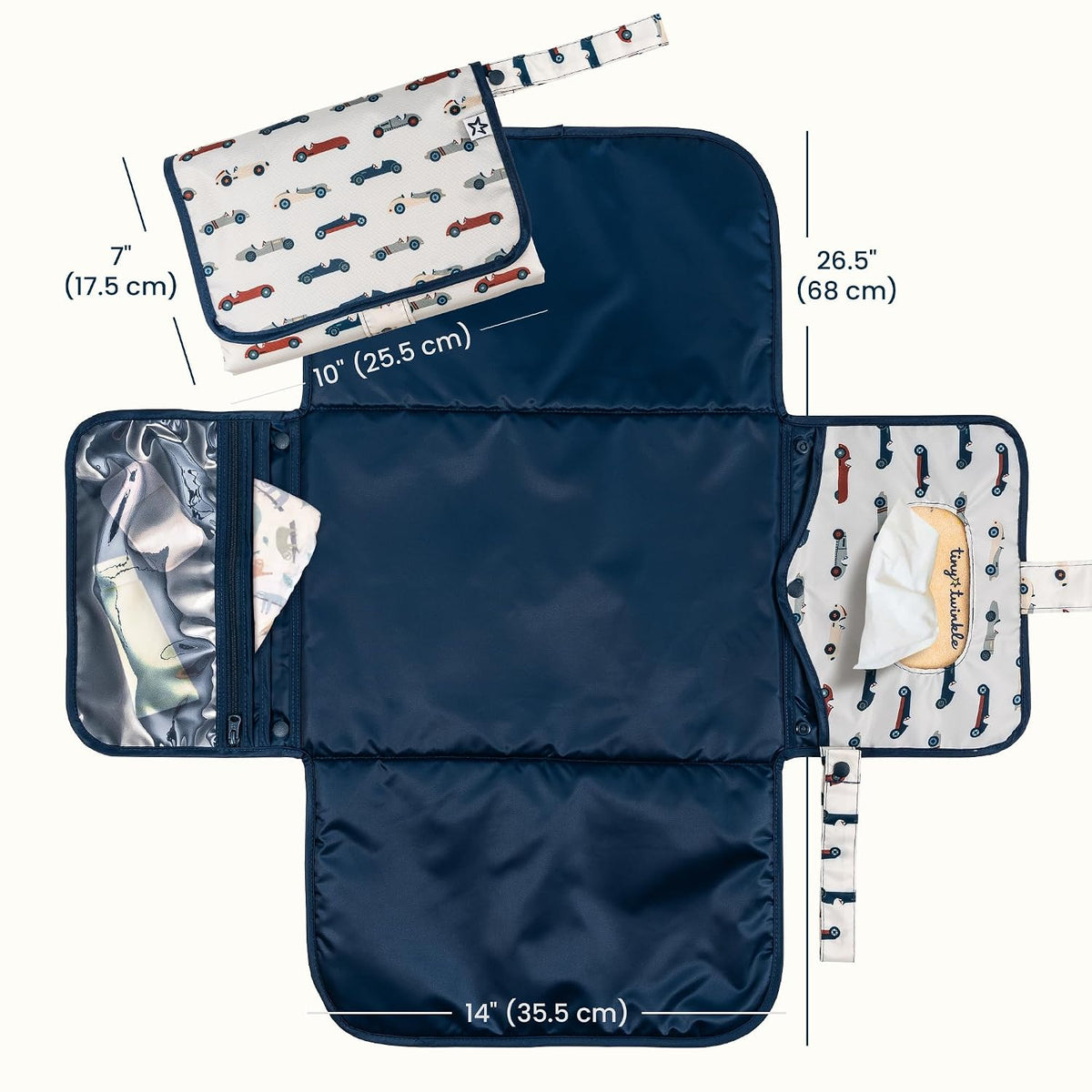 Tiny Twinkle Portable Diaper Changing Pad | Waterproof, Wipeable & Compact Baby Changing Pad for Travel | Smart Wipes Pocket & Organized Storage| Newborn Shower Gift (Vintage Cars)