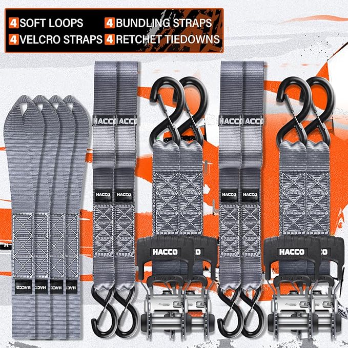HACCOPLANET Ratchet Straps, 5280lb Break Strengeth, 16FT x 1.6" Heavy Duty Ratchet Tie Down Strap Set w/Padded Handle, S Hook, Soft Loop for UTV Motorcycle Truck Cargo Straps (Grey, 16FT)