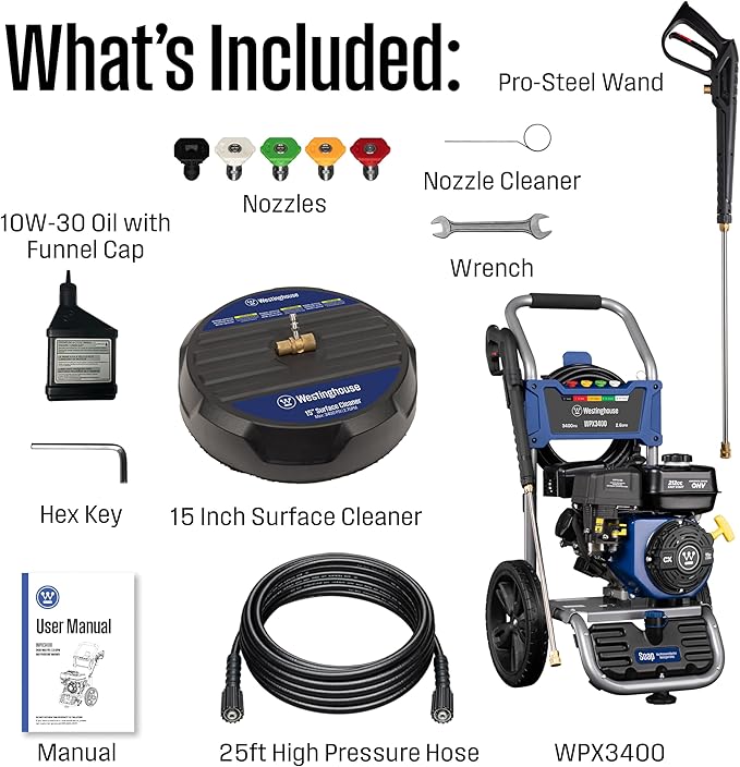 Westinghouse WPX3400SC Gas Pressure Washer with 15-inch Surface Cleaner, 3400 PSI and 2.6 Max GPM, Onboard Soap Tank, Spray Gun and Wand, 5 Nozzle Set, for Cars/Fences/Driveways/Homes/Patios/Furniture