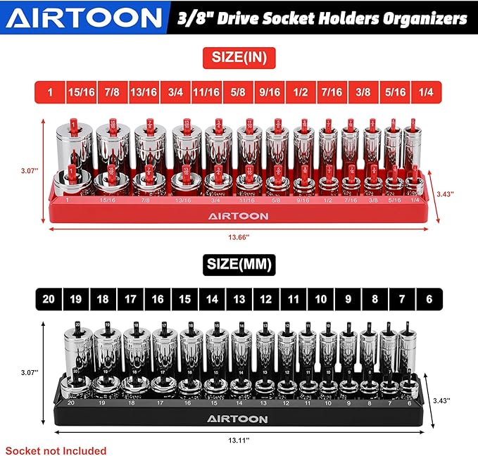 AIRTOON 1/4-Inch & 3/8-Inch Drive Socket Organizer Trays, 4-Piece SAE and Metric Socket Tray Set, Deep and Standard Socket Holders Organizers for Toolbox, Black & Red