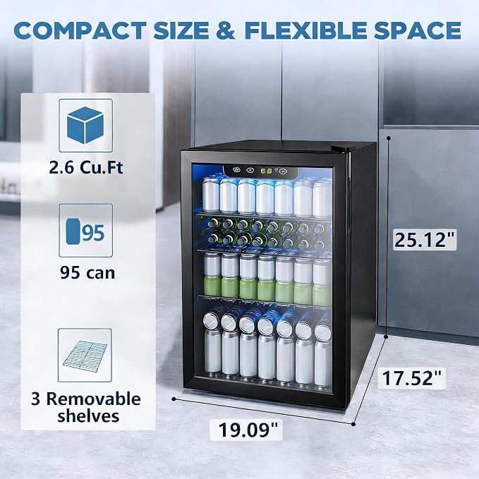 Electactic 95 Cans Beverage Refrigerator, 26 Bottle Mini Fridge, 2.7 cu.ft Drink Fridge Digital Temperature Control for Bottled Beer, Soda,Water