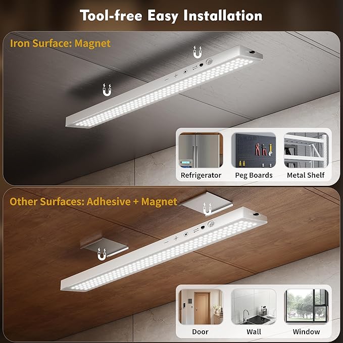 3Pack Touch Control Under Cabinet Lighting, 160LED Super Bright, 4000mAh Long-Lasting, Magnetic Rechargeable Motion Sensor Under Counter Lights for Kitchen, Closet, Remote, Dimmable, 3CC丨White
