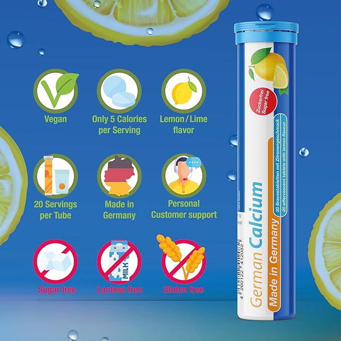 T&D German Calcium 500 mg - 40 Vegan Drink Effervescent Tablets - Lemon Lime Flavor - Made in Germany