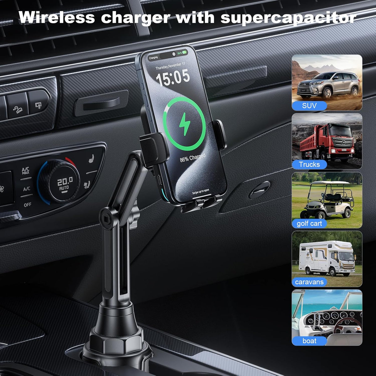 Wireless Car Charger Car Cup Phone Holder 15W Fast Charging Auto Clamping