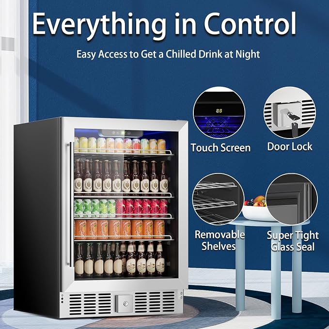 DOGHLY 24 Inch Beverage Refrigerator, 182 Cans Drink Fridge with Glass Door | Built-in Cooler for Soda Wine Beer, Advanced Cooling, Safety Lock, Freestanding Beverage Fridge for Kitchen Bar Office