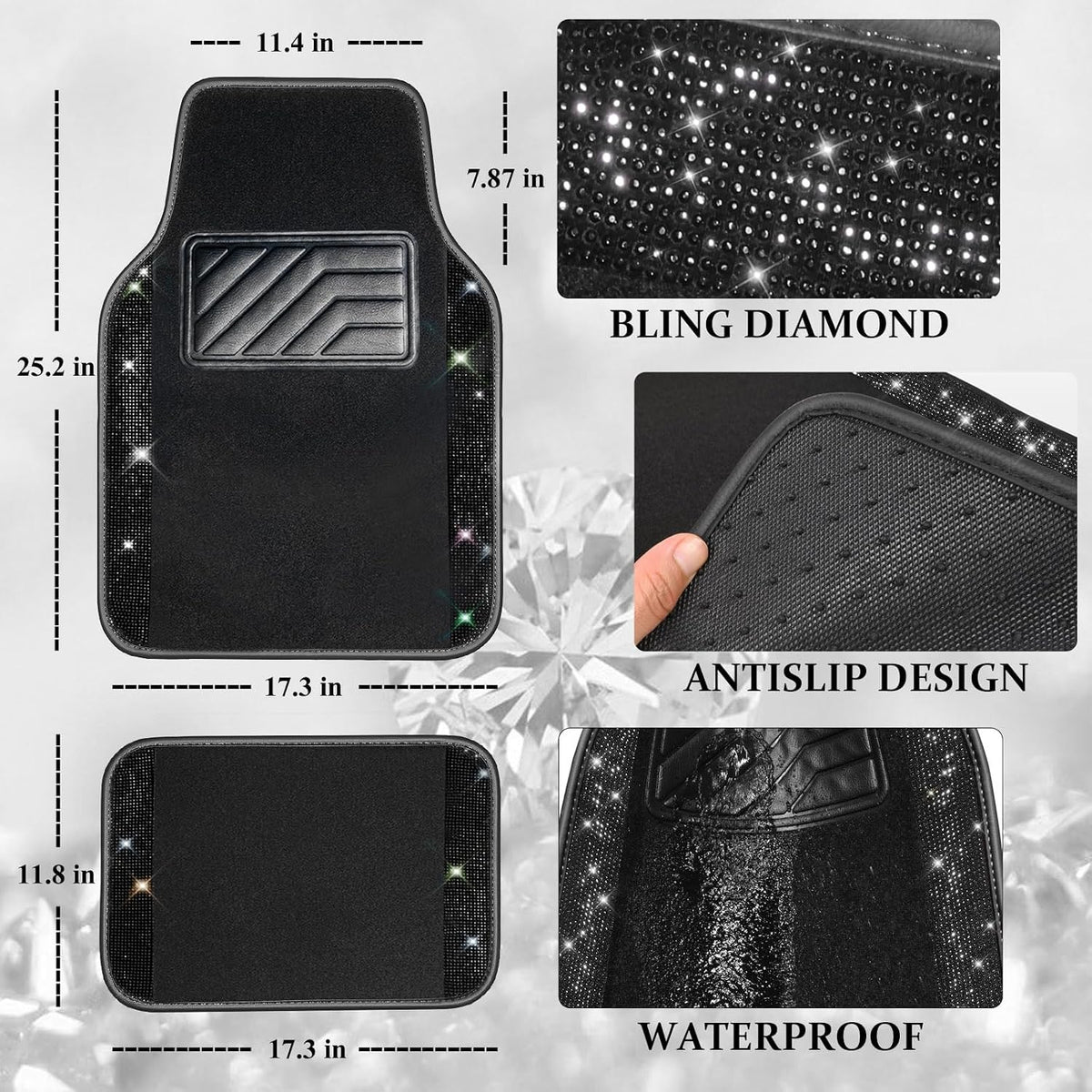 CAR PASS Bling Diamond Leather Steering Wheel Cover 14.5in-15in Floor Mats Shining Rhinestone Carpet Sparkly Glitter Crystal Anti-Slip Pad Fit Automotive SUV Pickup Truck Girl Women, 5pcs Black