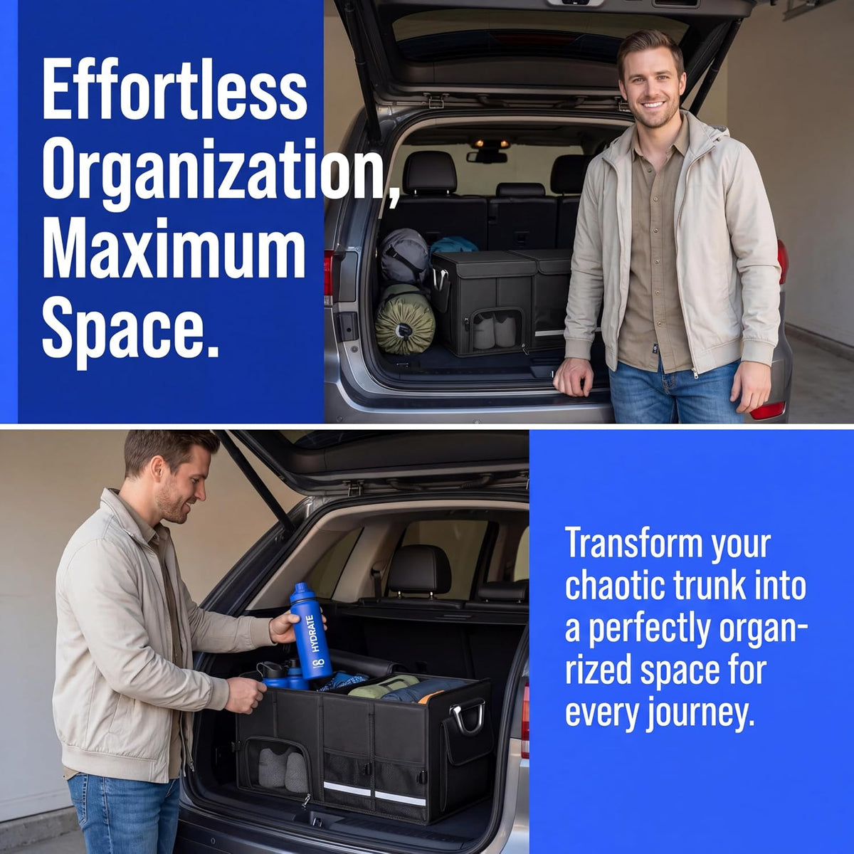 Trunk Organizer with Dedicated Shoe Compartment, Foldable Car Storage Organizer for SUV Sedan, Sturdy Automotive Organizer for Car Accessories Tools Sundries Black (XX-Large)