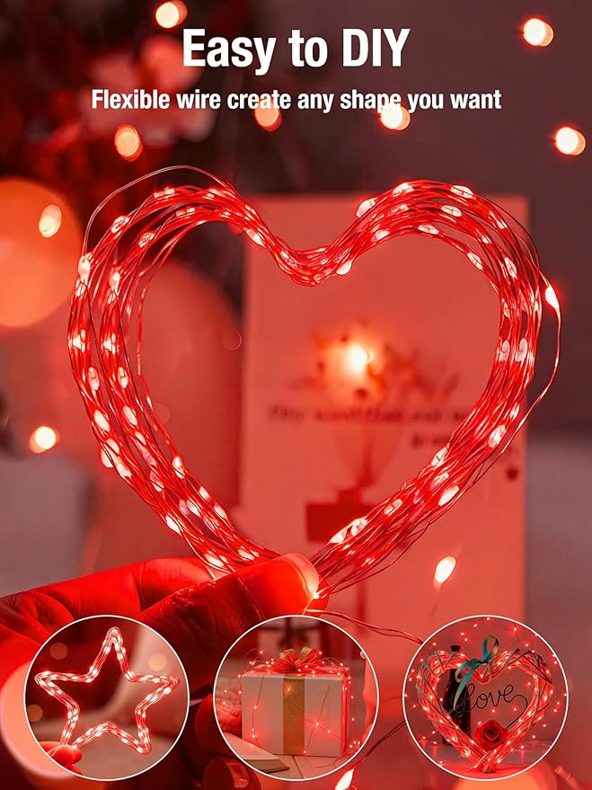 btfarm 4 Pack Valentines Day Fairy Lights Battery Operated with Timer, 16.4 FT 50 LED Silver Wire Twinkle String Lights 8 Modes Dimmable Waterproof for Indoor Party Christmas Bedroom Wedding, Red