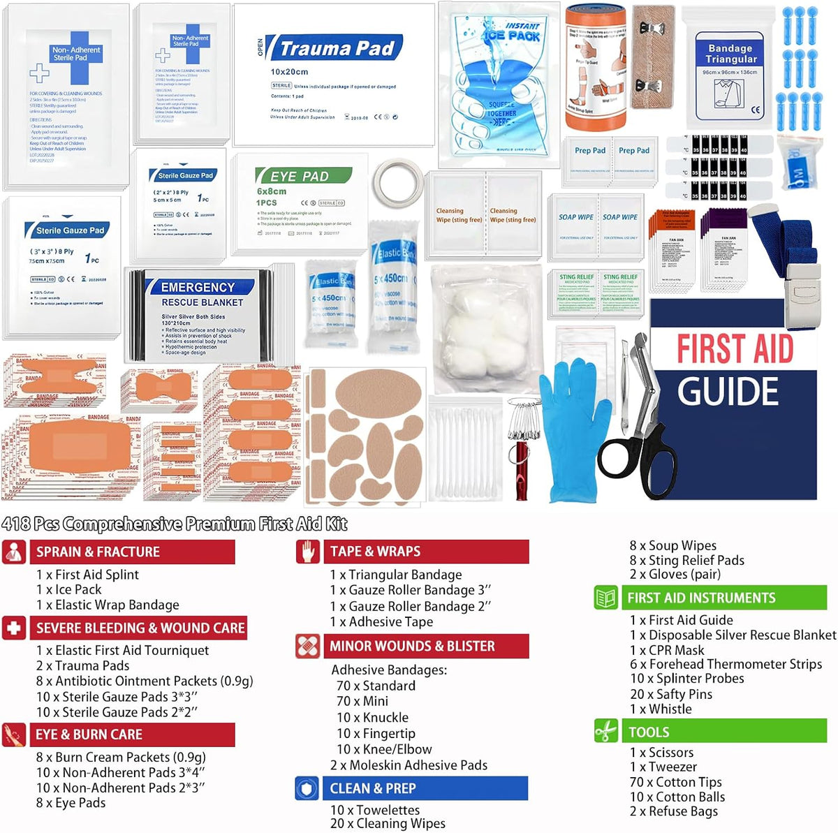 Waterproof First Aid Kit 418Pcs for Car Home Outdoor Emergency Survival | Color-Coded Organized Pockets, Dual-Handle Design; Waterproof Material for Car Home Hiking Backpacking and Daily Emergencies
