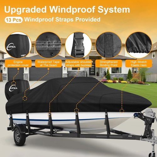 Kipiea 1300D Boat Cover - Heavy Duty Waterproof Protection for V-Hull & Bass Boats | Fits 14'-16' Long X 90" Wide