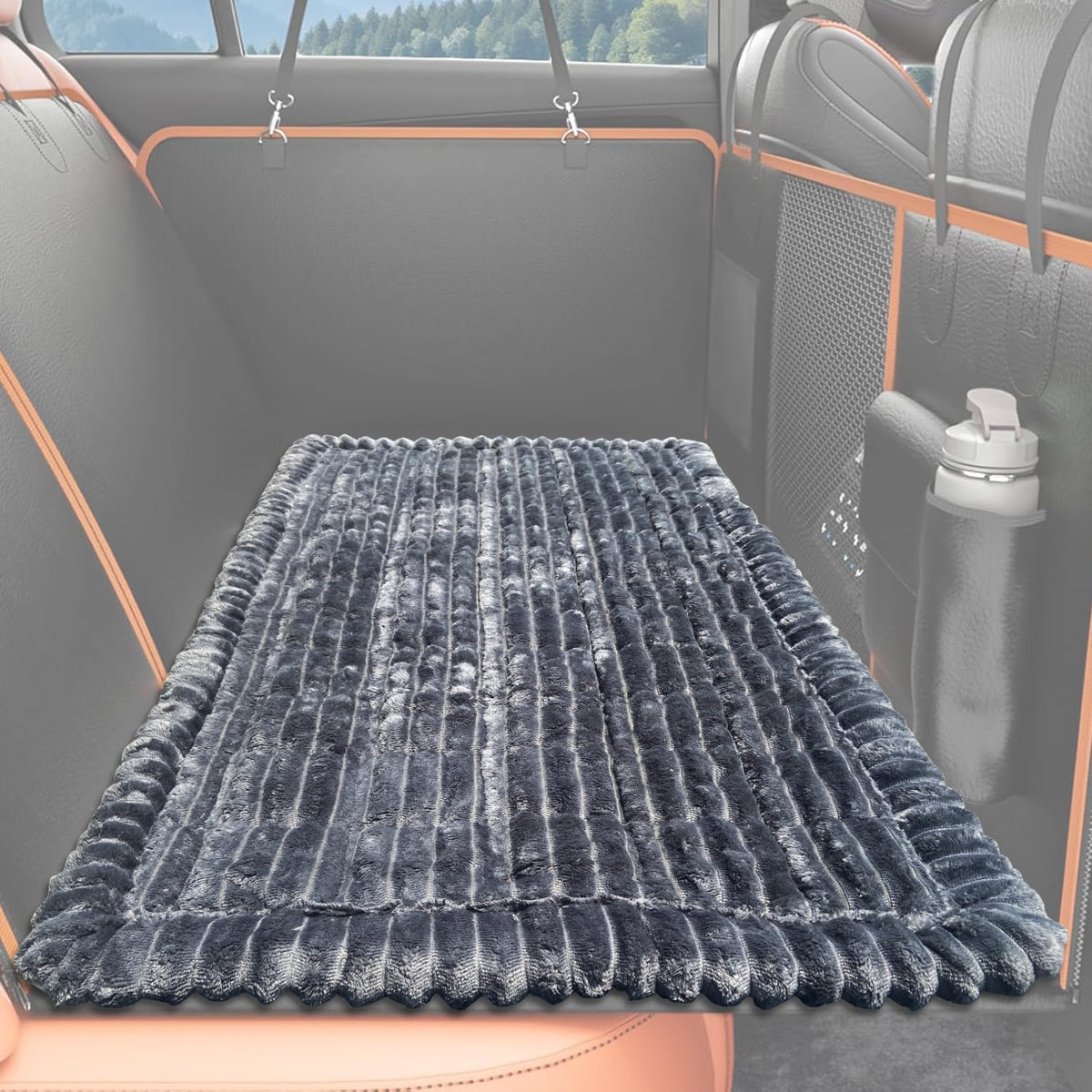 Dog Bed Mat for Car Backseat Extender, Non-Slip Pet Bed Mat for Car Back Seat Protector Cover, Furry Dog Couch Cover, Washable Travel Dogs Bed for Cars, SUVs, Sedans. (51" x 24") (Dark Grey, M)