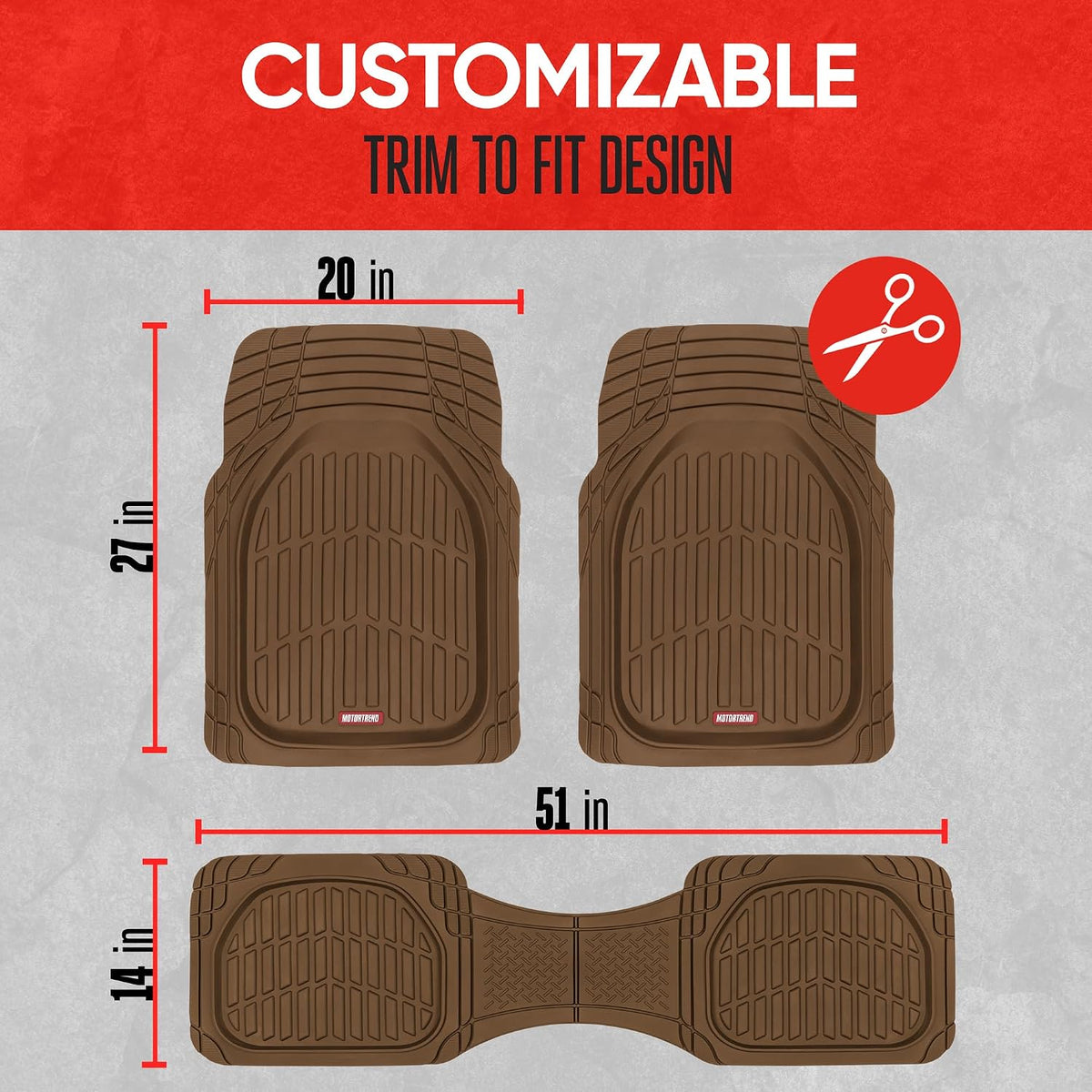 Motor Trend FlexTough Deep Dish All-Weather Floor Mats, Waterproof Trim-To Fit Mats for Cars, Trucks, SUVs - Universal Automotive Floor Liners, Car Accessories, Brown