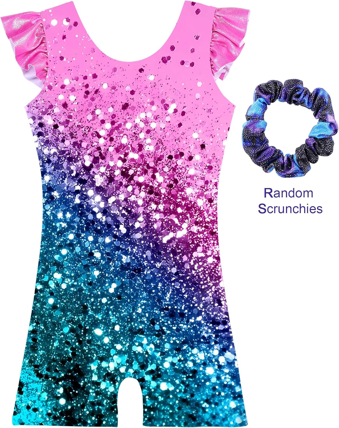 TFJH E Girls Gymnastics Leotards - Sparkle Activewear with Shorts & Scrunchie | Flutter Sleeve Design