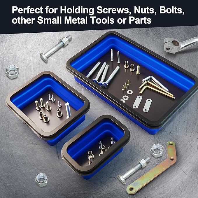Collapsible Magnetic Parts Tray Set Foldable Magnetic Tray 3 Different Size Silicone Tool Trays for Screw, Bolts,Nuts,with Magnetic Base Stores and Organizes Small Parts and Tools