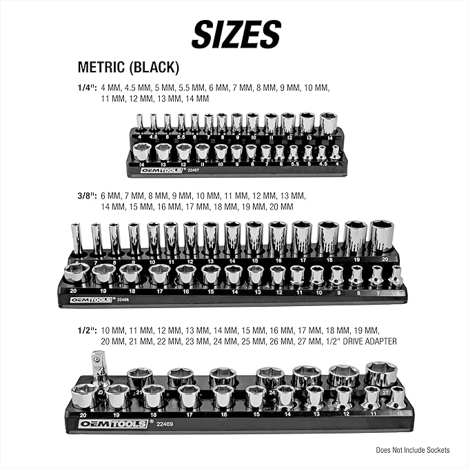 OEMTOOLS 22487 3 Piece Metric Magnetic Socket Organizers for Toolboxes, Socket Holder, Black Tool Box Organizer