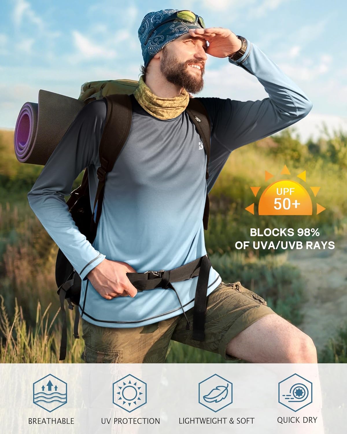 Roadbox Men's UV Sun Protection Shirt - UPF 50+ Long Sleeve Rash Guard for Fishing, Hiking & Running