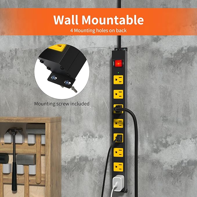 8 Outlet Power Strip 2100J Surge Protector, 10FT Heavy Duty Extension Cord Wide Spaced Outlet and Wall Mount Metal Powerstrip for Home Office Garage Workshop
