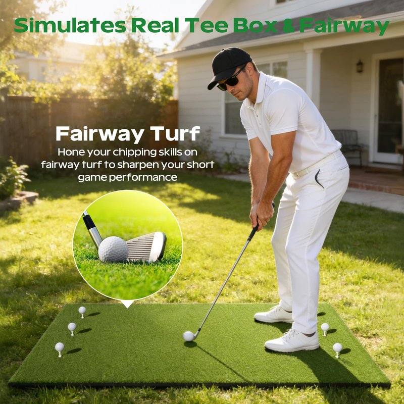 RIKADE 5x4ft Golf Hitting Mat, Backyard Garage Home Indoor Outdoor Practice Mat, 16mm Dense Short Turf with 6 Rotating Tee Holes, 10mm High-Rebound Non-Slip EVA Base Golf Training Mat