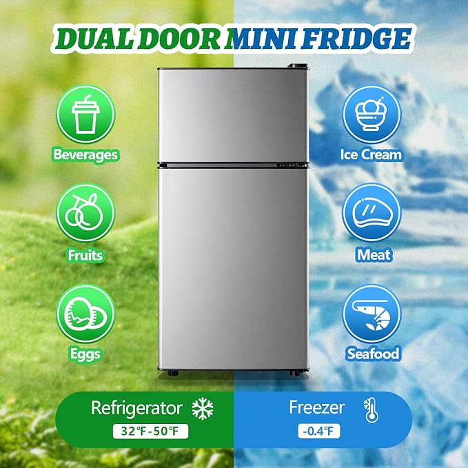 2.4 Cu.ft Mini Fridge with Top Freezer Apartment Size Dual Door Compact Refrigerator for Personal Use Small Fridge with Egg tray, 7 Temperature Control For Dorm, Silver