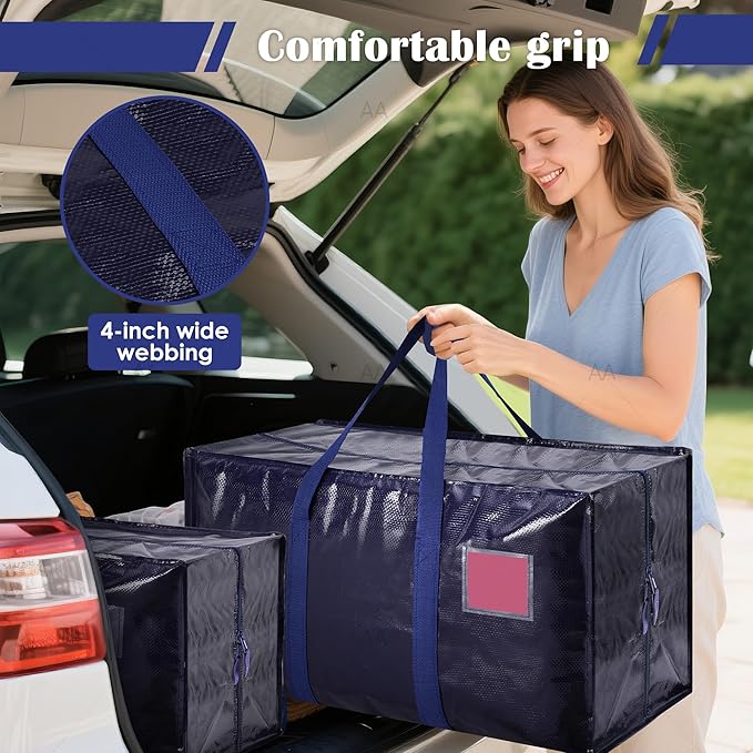 6 Pack Extra Large Heavy Duty Moving Bags with Reinforced Zipper & Wide Handles, Moisture-Resistant Storage Bins Packing Cubes for Clothes, College Dorm, Travel, and Home Organization, Dark Blue