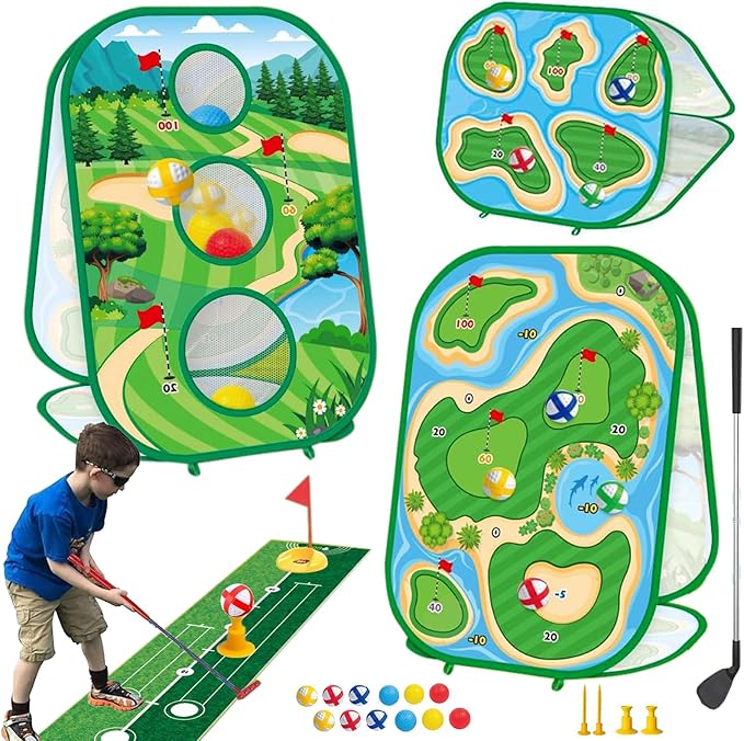 4-In-1 Kids Sticky Golf Games Set With Club, Golf Putting Practice Mat,3-Sided Golf Chipping Net, Multiple Game Modes, Golf Cornhole Board Set, Indoor & Outdoor Golf Practice For Kids & Adults