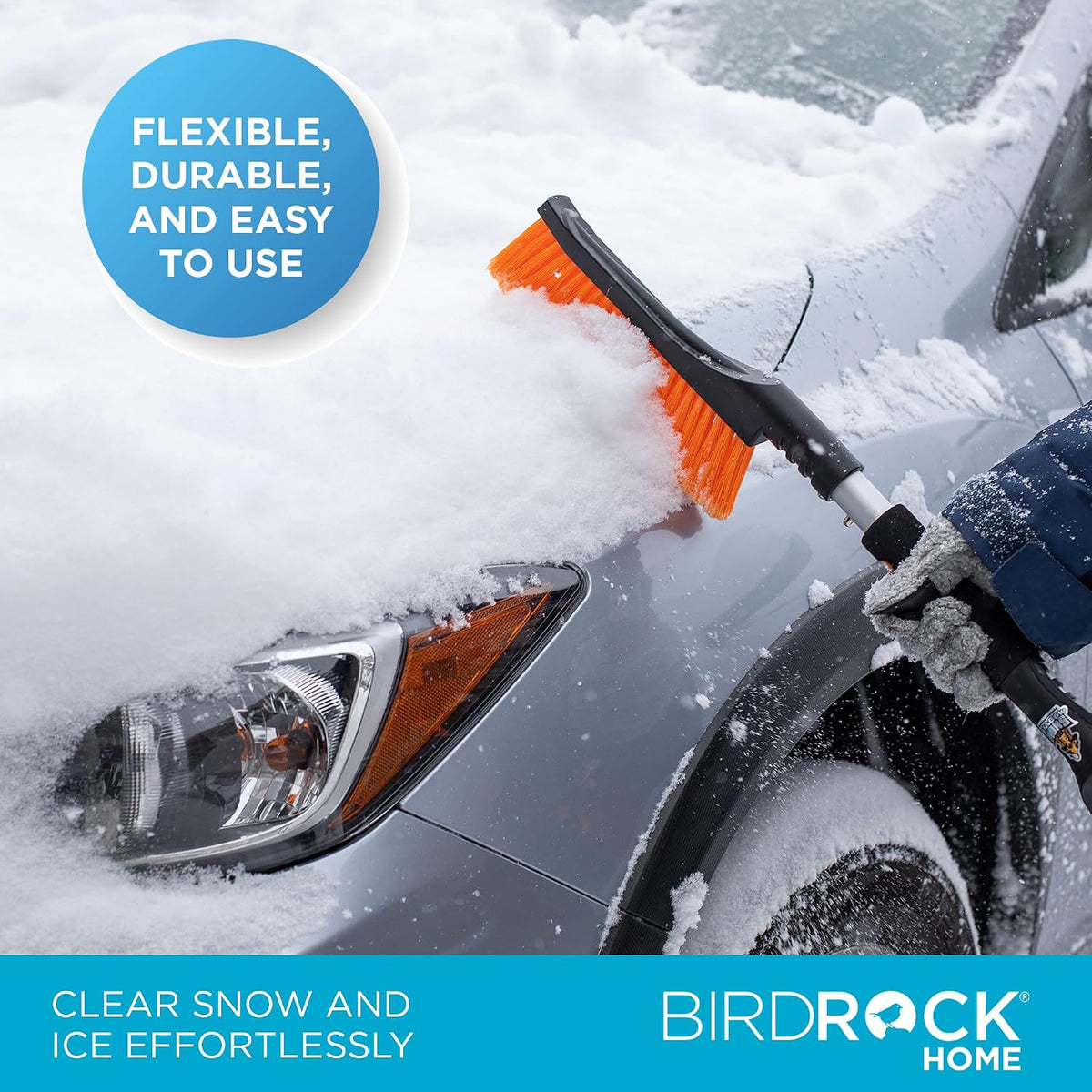 BIRDROCK HOME Snow Brush with Detachable Ice Scraper for Car - Flexible Snow Remover and Windshield Cleaning Tool with Wide Bristle Brush - Winter Sweeper for Auto, SUV - Size: 24" L x 9" W - 1 Pack