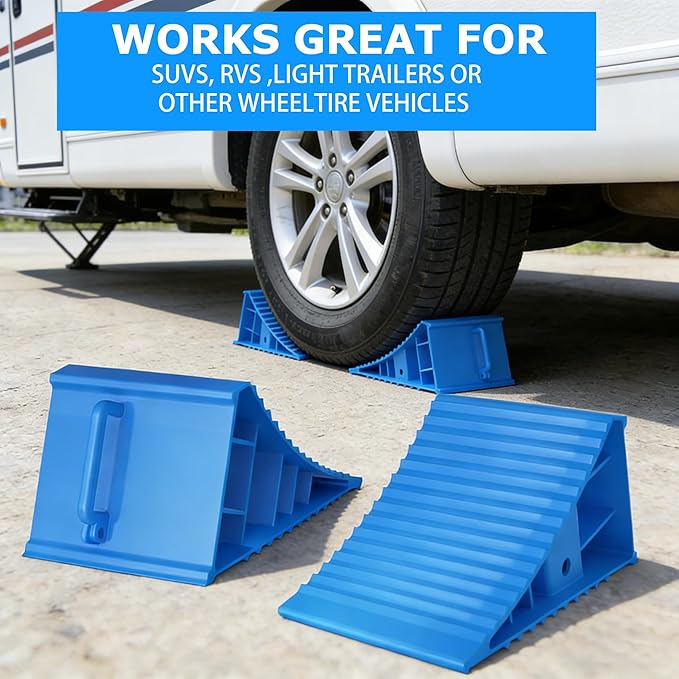 4Pack Wheel Chocks for RV Trailer Non Slip Heavy Duty Blue Camper Wheel Chocks with Handle for Easy Removal Polypropylene Wheel Stoppers for Cars Campers Trucks Rvs
