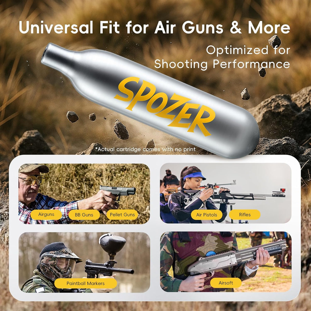 Spozer 12g CO2 Cartridges - 25 Pack, Non-Threaded Fit for BB Guns, Airguns, Paintball & More